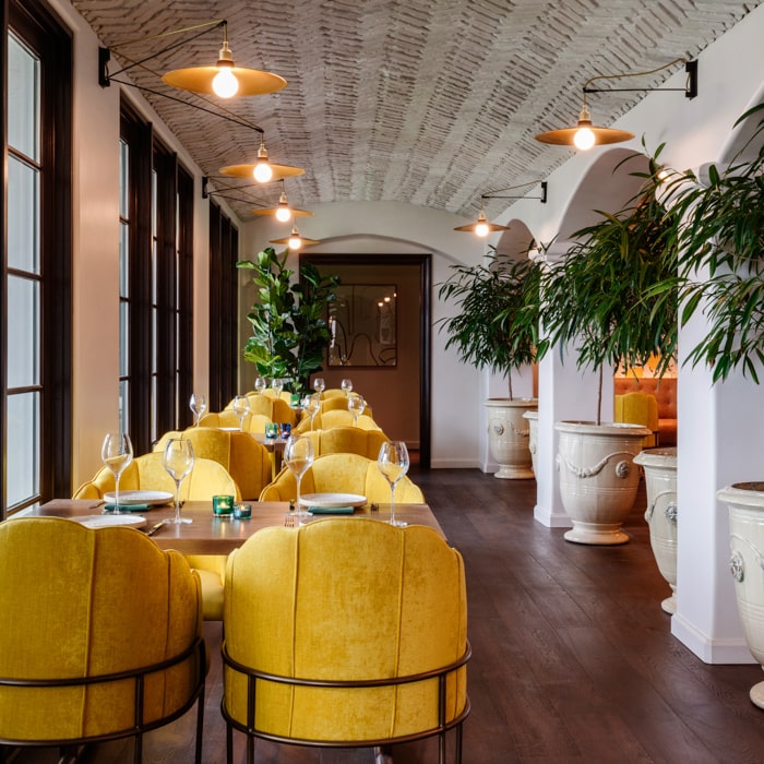 Dining room with yellow chairs, brown tables and glassware near large potted plants at Mar Monte Hotel in Santa Barbara, CA